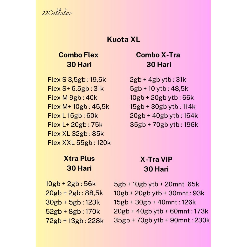 Paket Data Kuota XL Hotrod 30 Hari, Hotrod Spesial, Akrab, Data Pure, Combo Flex, Combo Xtra, Xtra V