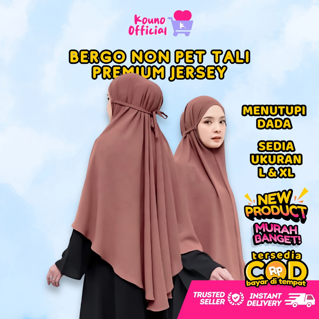 Bergo Instant Tali Non Pet Jersey Premium | Hijab / Jilbab / Khimar Instan Polos Panjang Menutupi Da