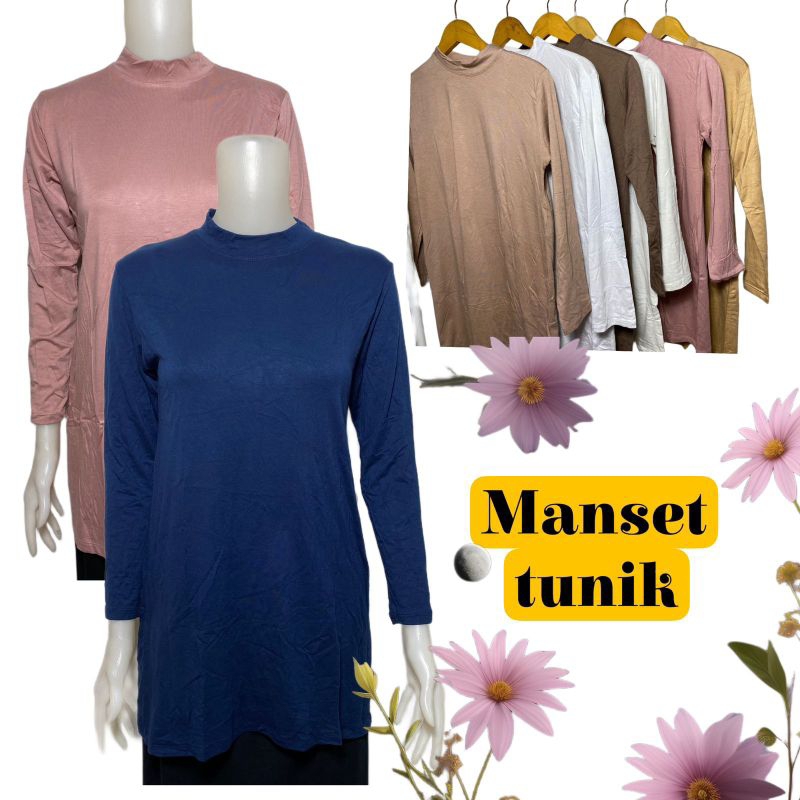 Manset Tunik Lengan Panjang Wanita Inner Selutut Polos Bahan Rayon Super