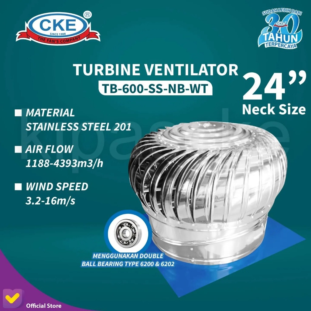 Turbin Ventilator CKE 24 Inch TB-600-SS-NB-WT Ventilasi Udara Atap Pabrik Gudang Restoran Gedung