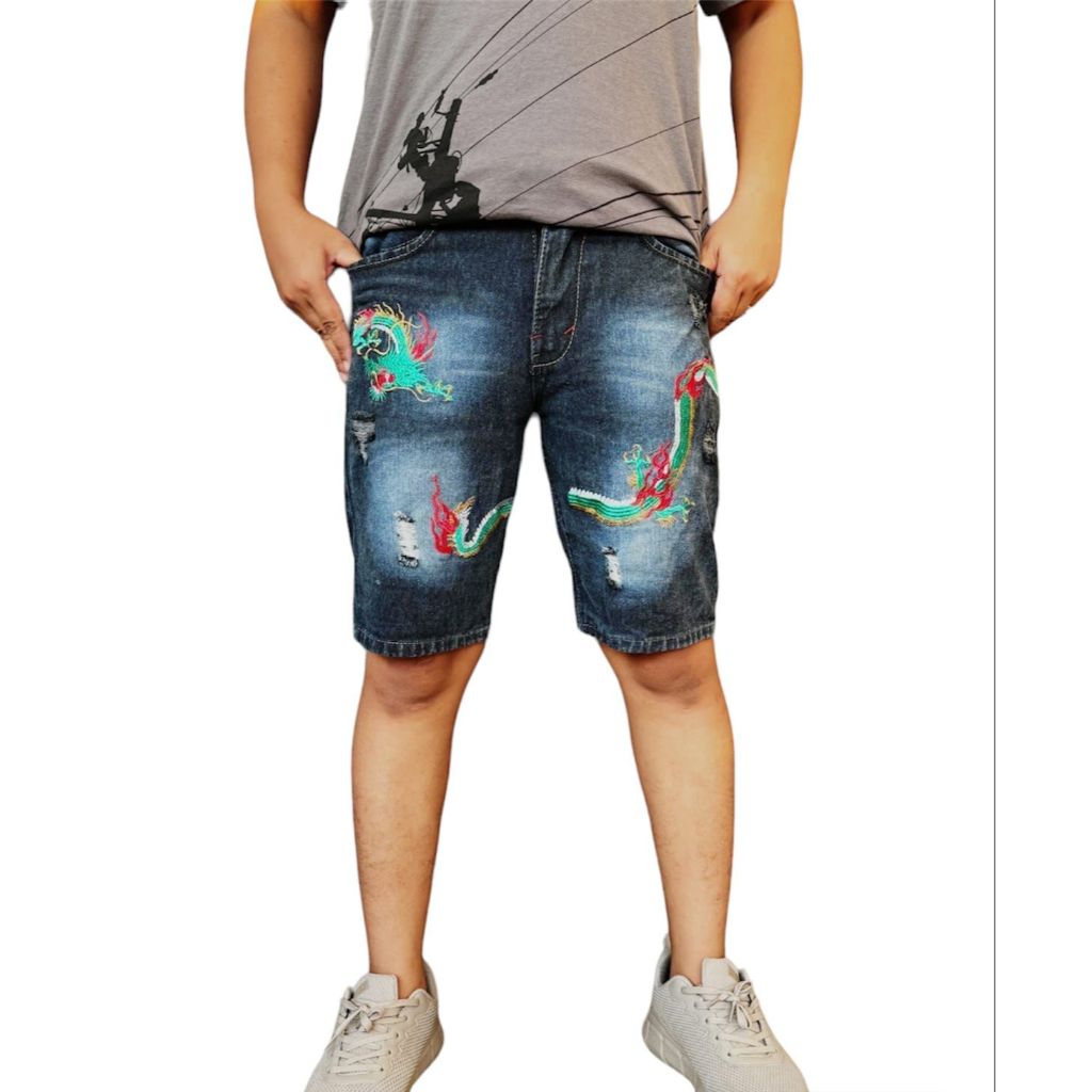 CELANA JEANS BORDIR NAGA BURUNG CELANA PENDEK DENIM PRIA DEWASA  CELANA SOFTJEANS PENDEK KEREN MURAH