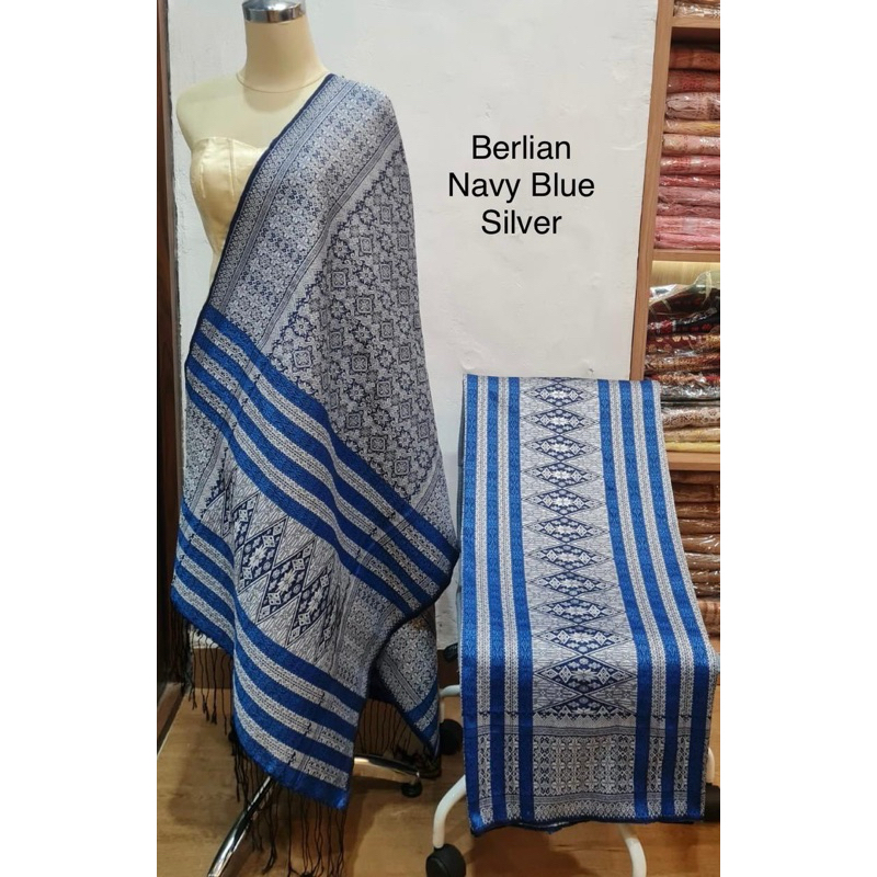 Songket Tumtuman Tarutung Asli Berlian Tanpa Sambungan Warna Navy Blue Silver