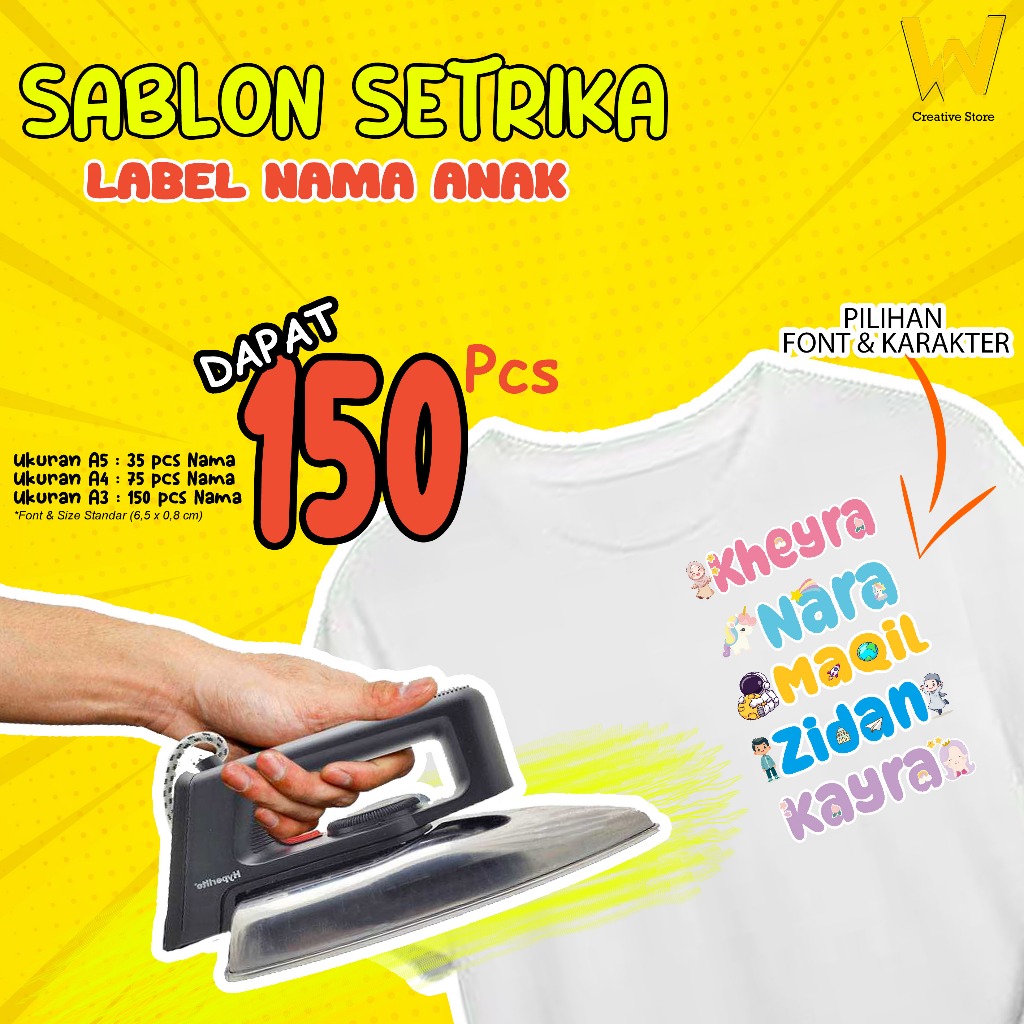 

(MURAH) Sticker Nama Label Printing Kain / Kaos Sablon Setrika Custom Nama & Karakter Bahan DTF Setrika Nama Anak