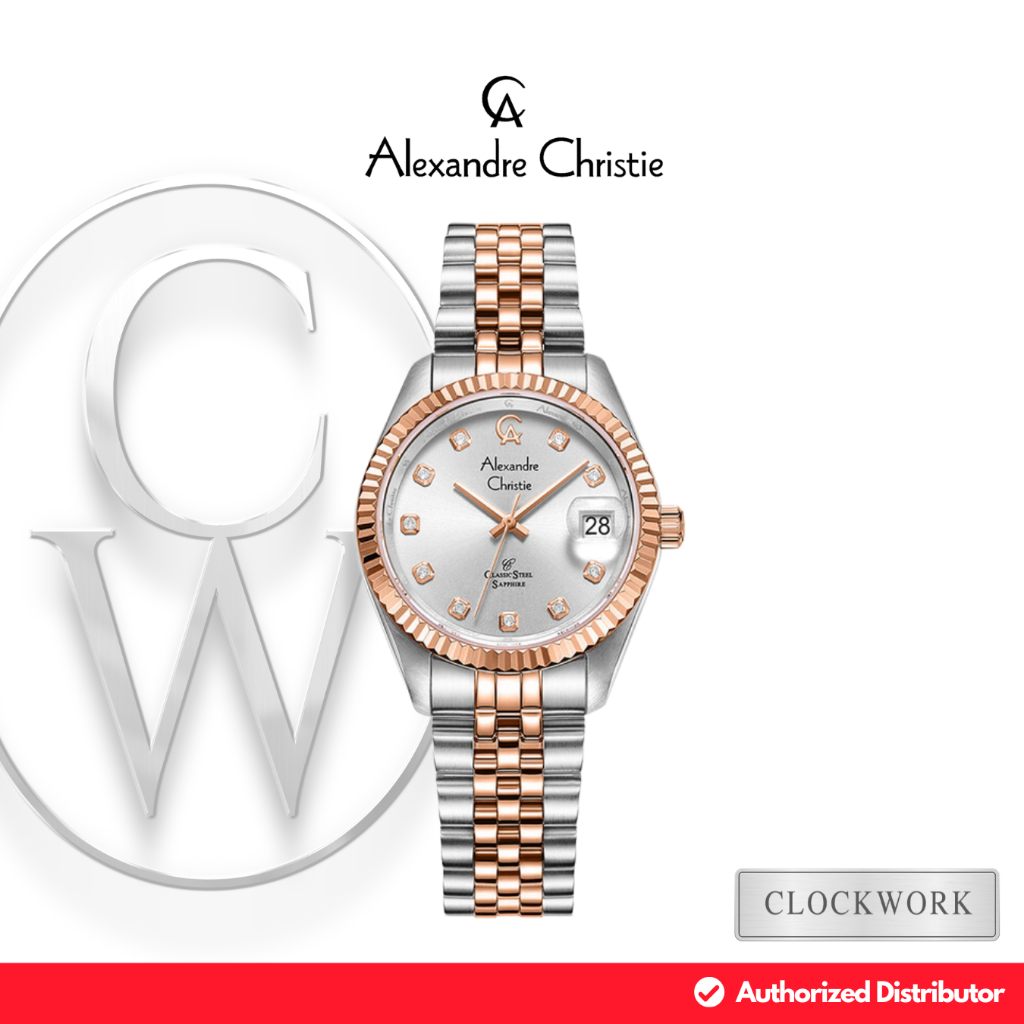 Jam Tangan Wanita Alexandre Christie AC 5013 LDBTRMS Rantai Jubilee Classic Kombinasi Dial Putih