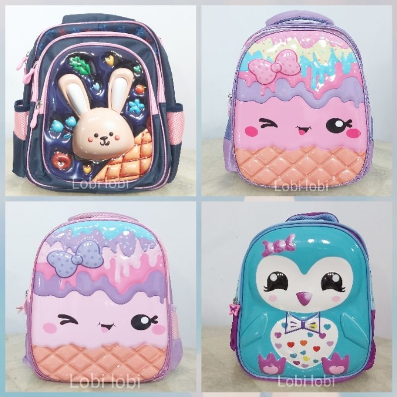 Tas sekolah ransel anak perempuan TK SD es krim ice cream owl burung hantu kelinci rabbit