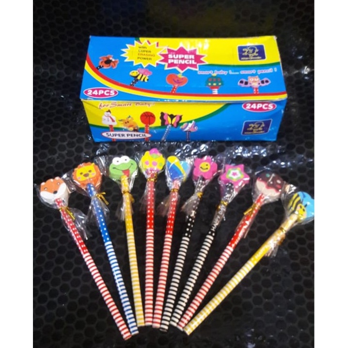 

KODE J8E Pensil stip penghapus karakter lucu isi 24