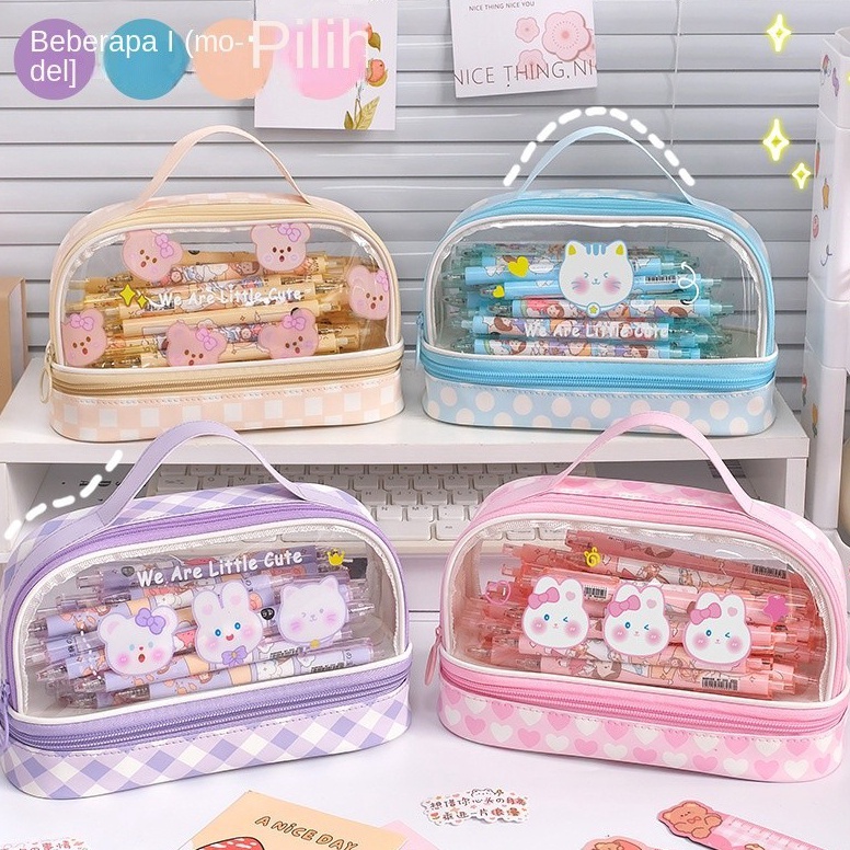 

KODE B7W3 Tas pensil transparan berkapasitas besar ganda untuk anak perempuan siswa sekolah dasar siswa sekolah menengah pertama tempat pensil bernilai tinggi tas pensil wanita tas pensil lucu