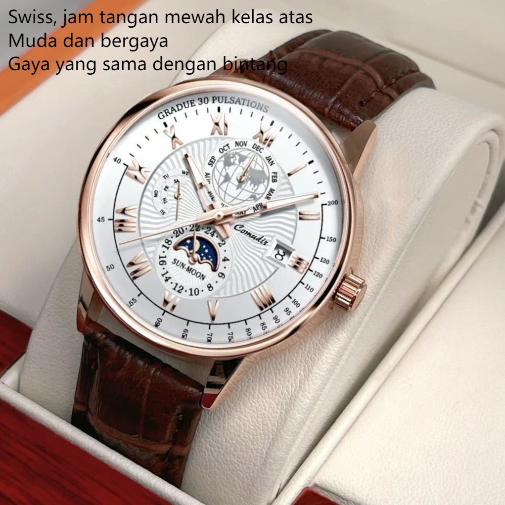 Jam Tangan Otomatis Pria, Bersertifikat Jerman Ultra-tipis Sabuk Kulit Tahan Air Kalender Bercahaya 