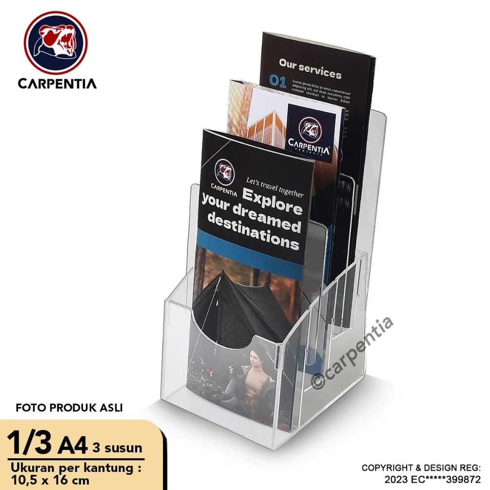 

KODE S1R9 Carpentia Akrilik Display Brosur 3 Tingkat uk 13 A4 A6 Flyer Tipe E 3 Susun