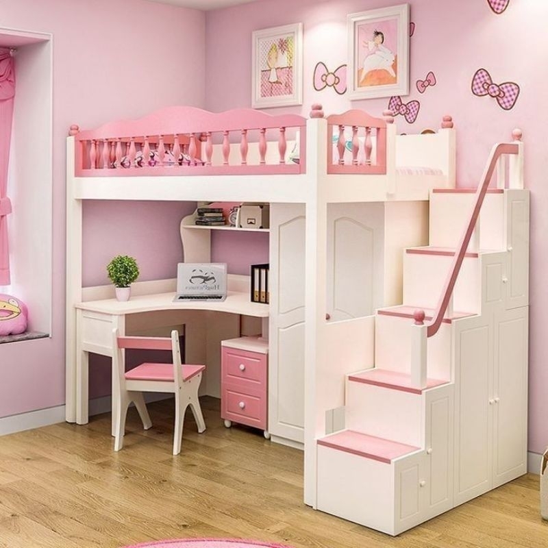 Ranjang anak tingkat dan meja belajar, set kamar tidur anak cewek warna pink lucu,