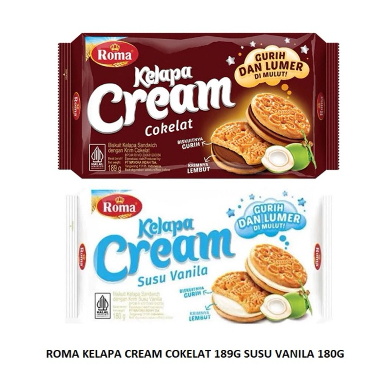 

ROMA BISCUIT KELAPA CREAM COKELAT 189G / KELAPA CREAM SUSU VANILA PACK 180G