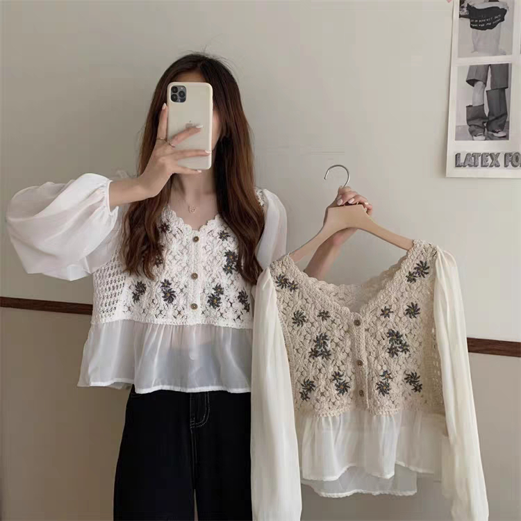 Blouse Rajut Motif Bunga Lengan Panjang Sifon Atasan Korea Style