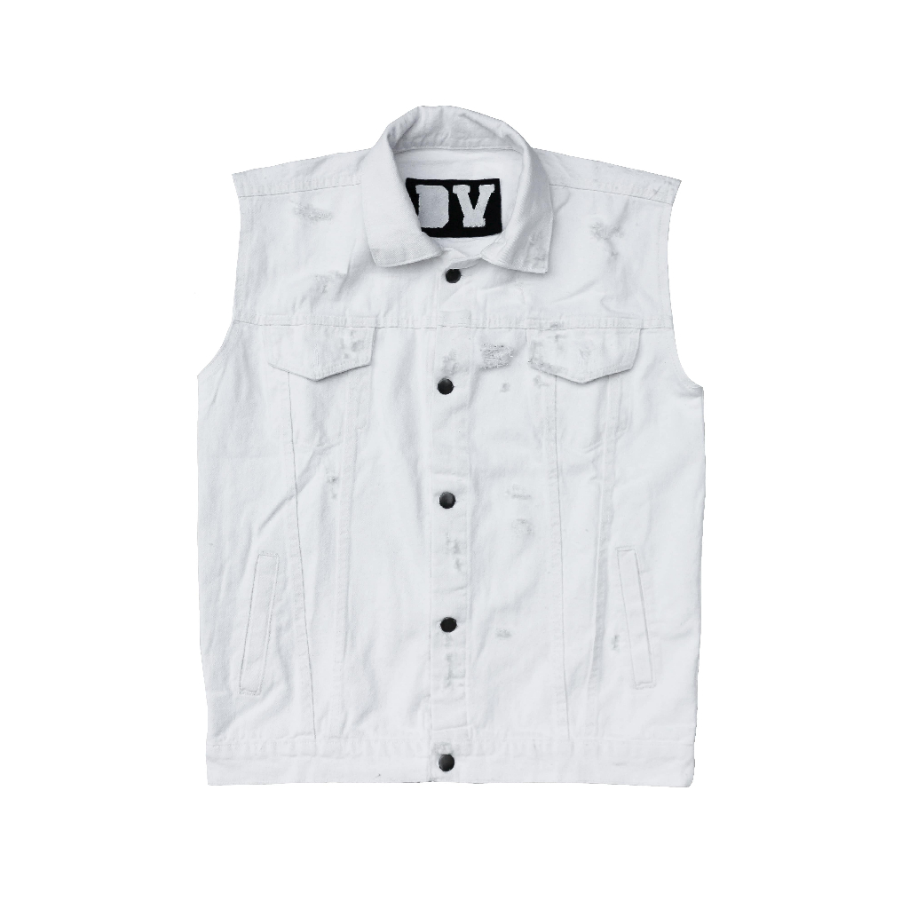 DURCHVOLK / VJJ503 /  Jaket Rompi Jeans Denim Vest Pria Wanita Painting Ripped Patch Big Size Putih