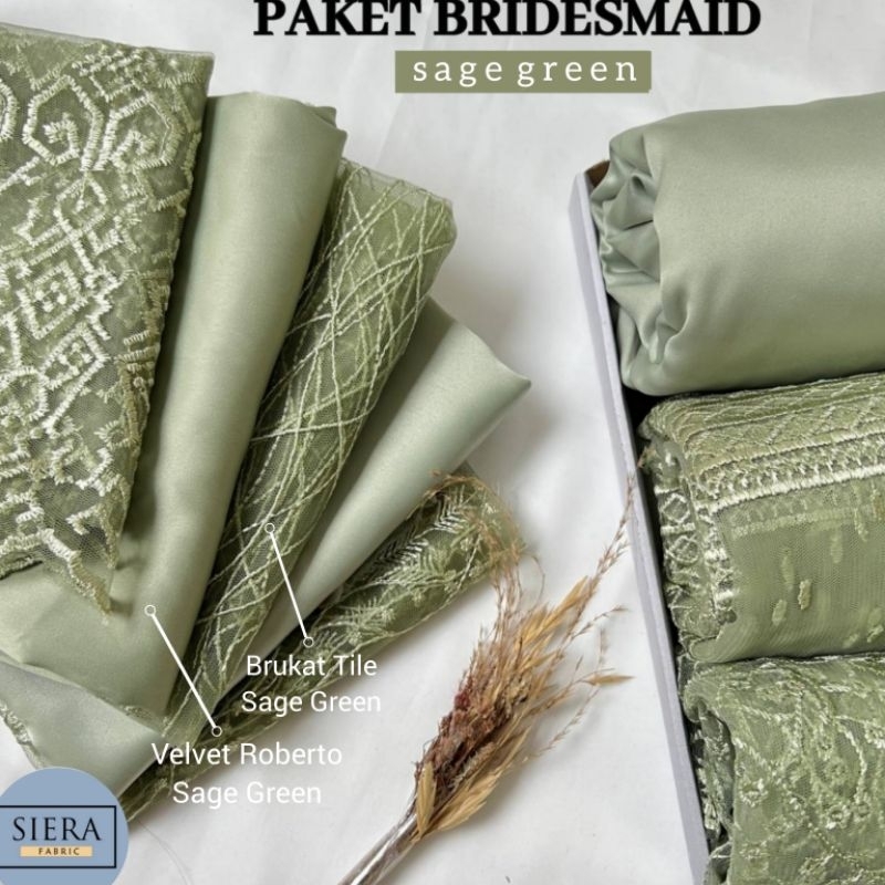 Paket Lengkap Kain Bridesmaid Premium / Kain Satin Velvet Premium + Kain Brukat Tile - Sage Green