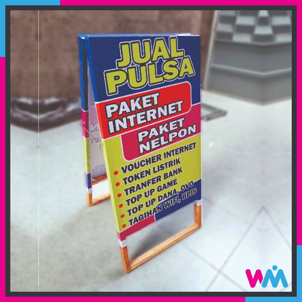 Konter Jual Pulsa Stand Banner Segitiga Kayu Lipat 50 x 100 cm