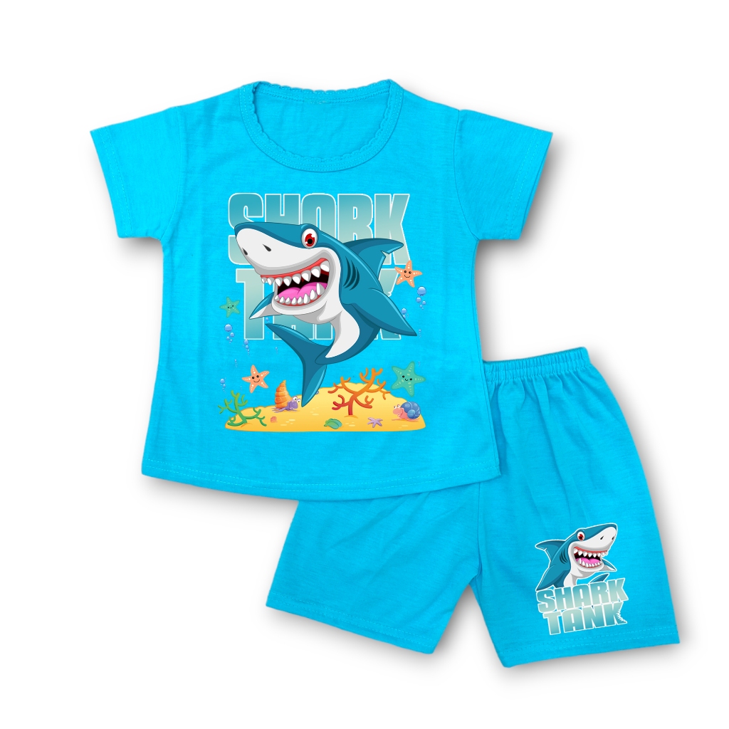 Baju set stelan setelan kaos anak perempuan cewek murah motif shark umur 1-10 tahun bahan katun prem
