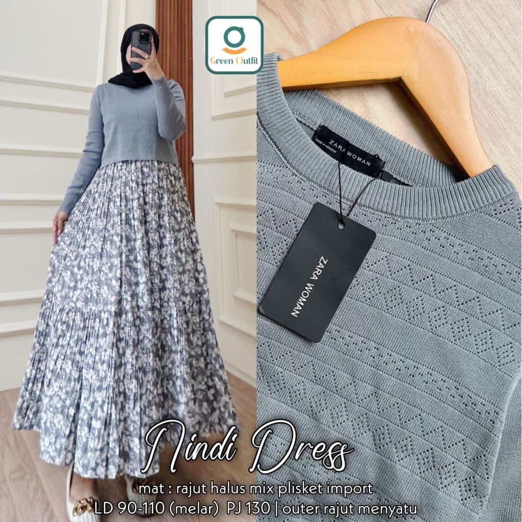 Nindi baju gamis midi dres wanita remaja rajut knit plisket motif jumbo ld 110 import terbaru 2024