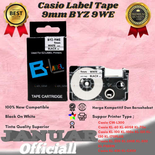 

Compatible Casio Label Tape 9mm BYZ 9WE Black On White