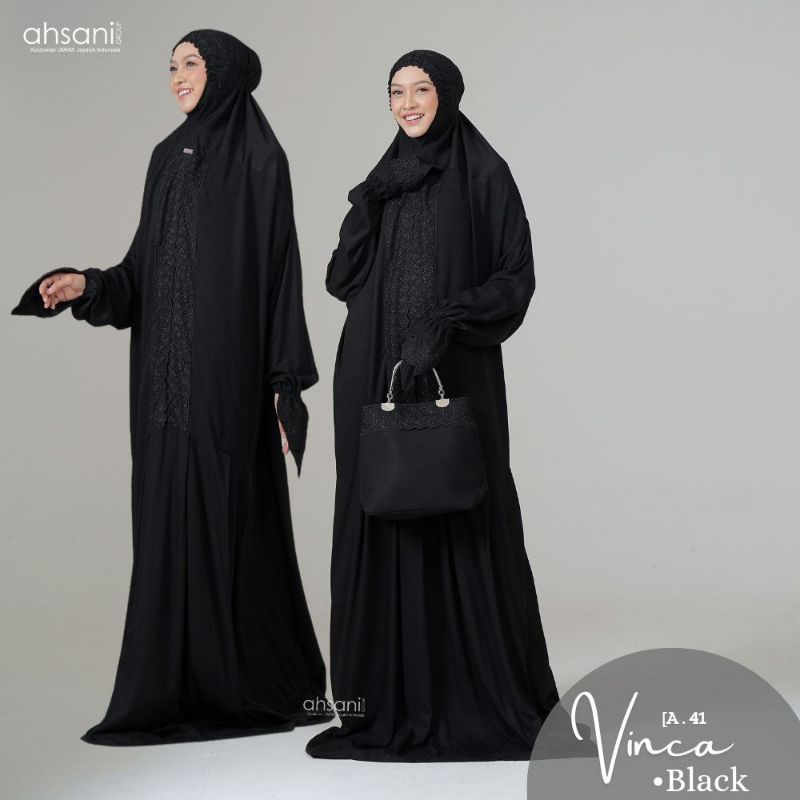 Mukena Terusan Hitam Ahsani Vinca Rayon Premium Jumbo Adem Dingin Mukena Haji Umroh