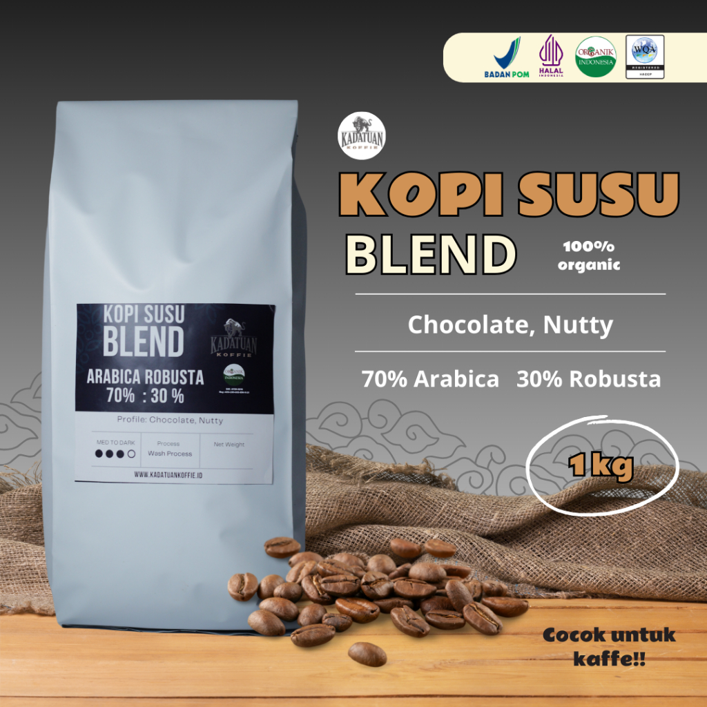 

Kadatuan Kopi Susu Blend Biji Kopi Bubuk 1kg 70% Arabica 30% Robusta Jawa Barat