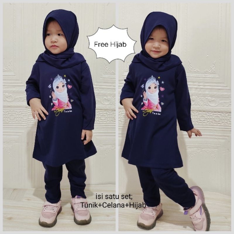 Setelan Tunik Anak celana panjang/dress muslim anak perempuan/one set/ free hijab