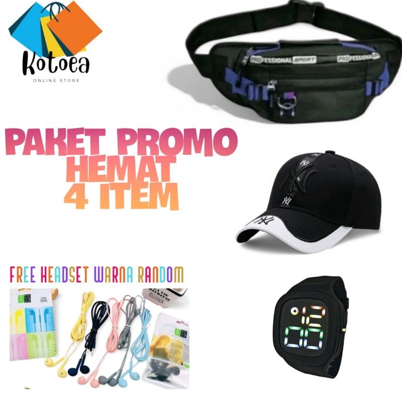 PAKET 4 IN 1 JAM DIGITAL BONUS TAS WAISTBAG  TOPI BASEBALL HEADSET PRIA WANITA DAPAT BANYAK BARANG M
