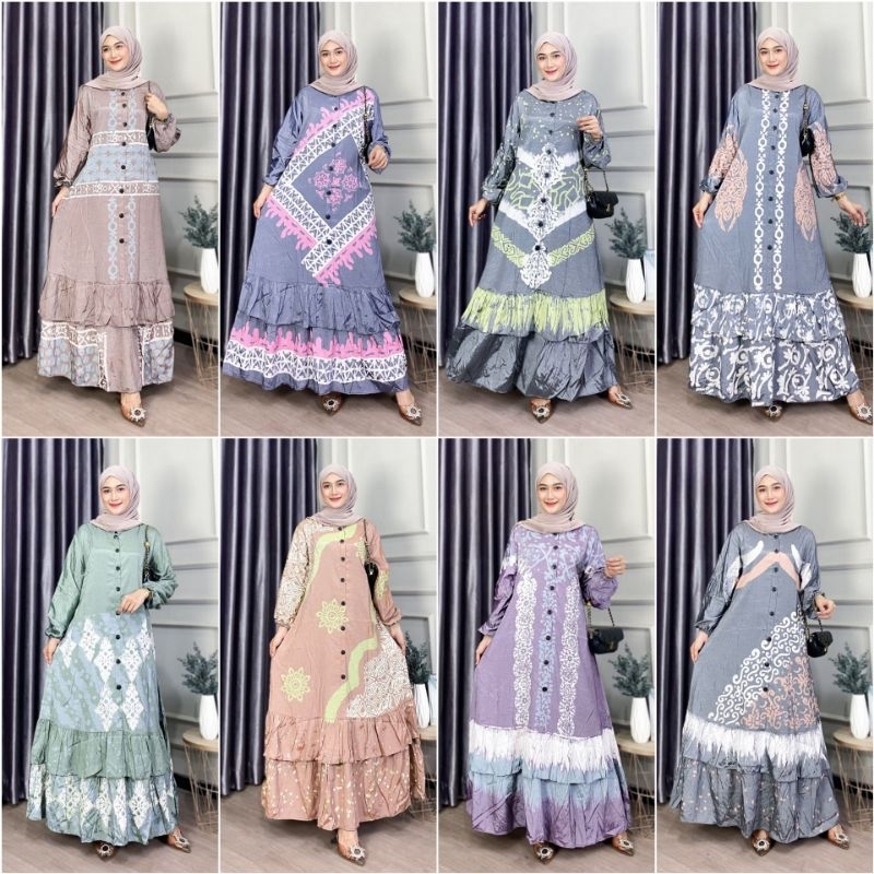Gamis Silk Silania Gamis Soft Pastel Kancing Depan Bawah Rempel Susun