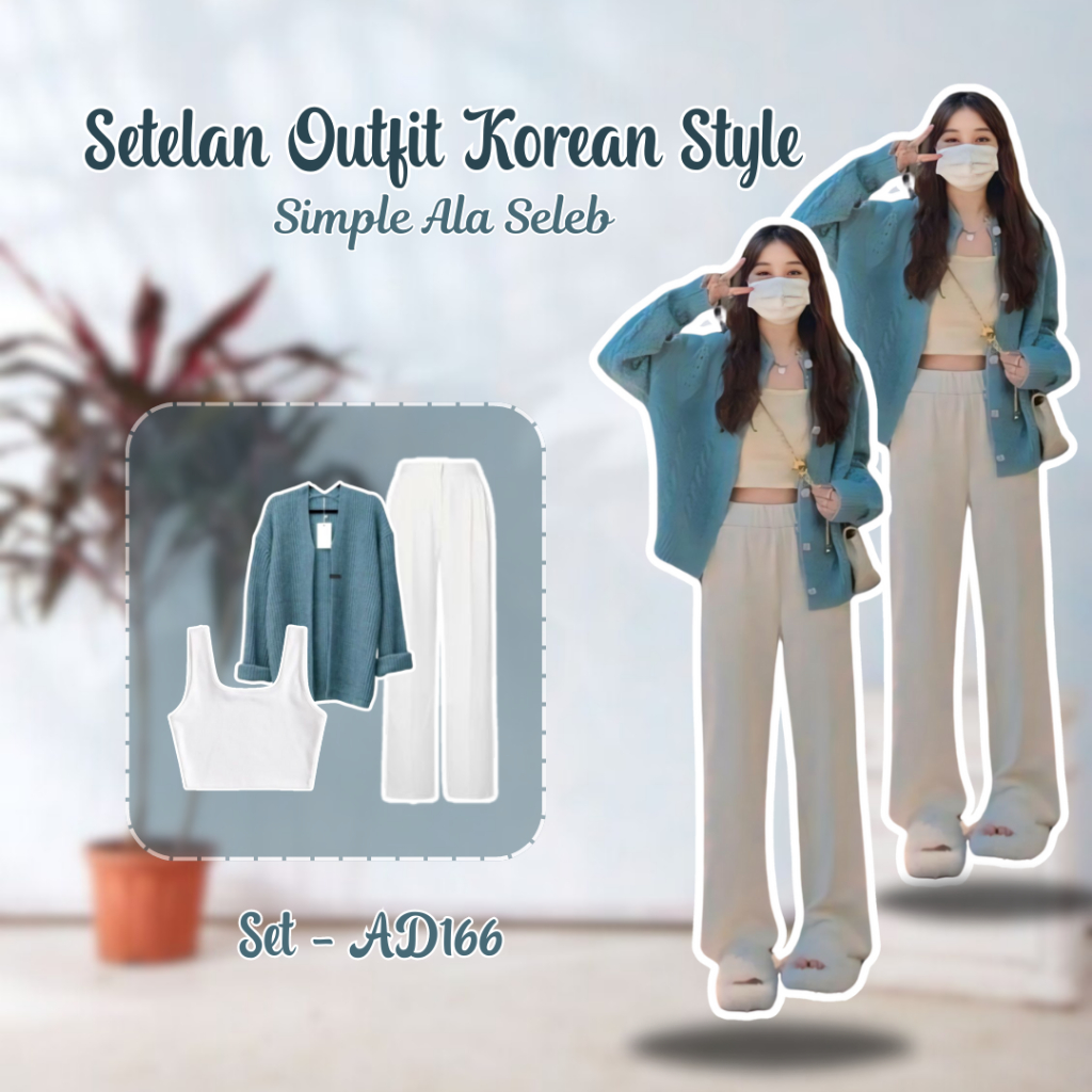 One Set 3 In 1 Korean Looks Wanita Kekinian Cardigan Rajut Import Tebal Celana Kulot Set - AD166