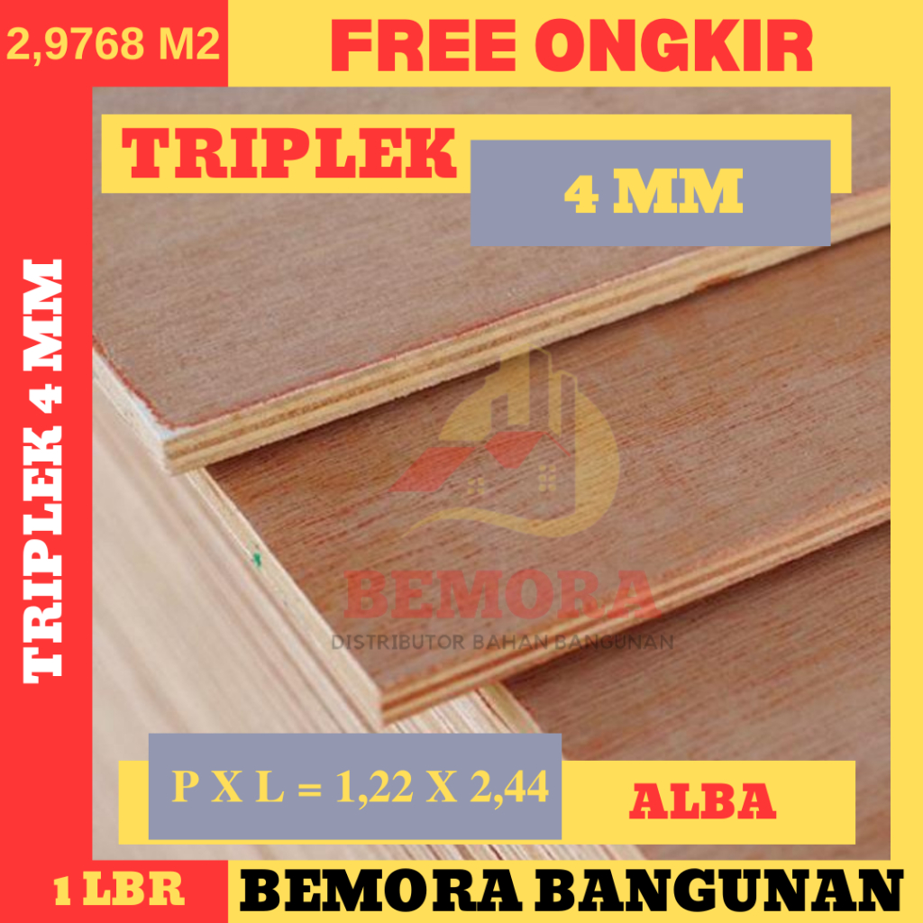 Triplek cor 4 mm Alba Uk 122 x 244 (Harga Grosir & Free Ongkir)