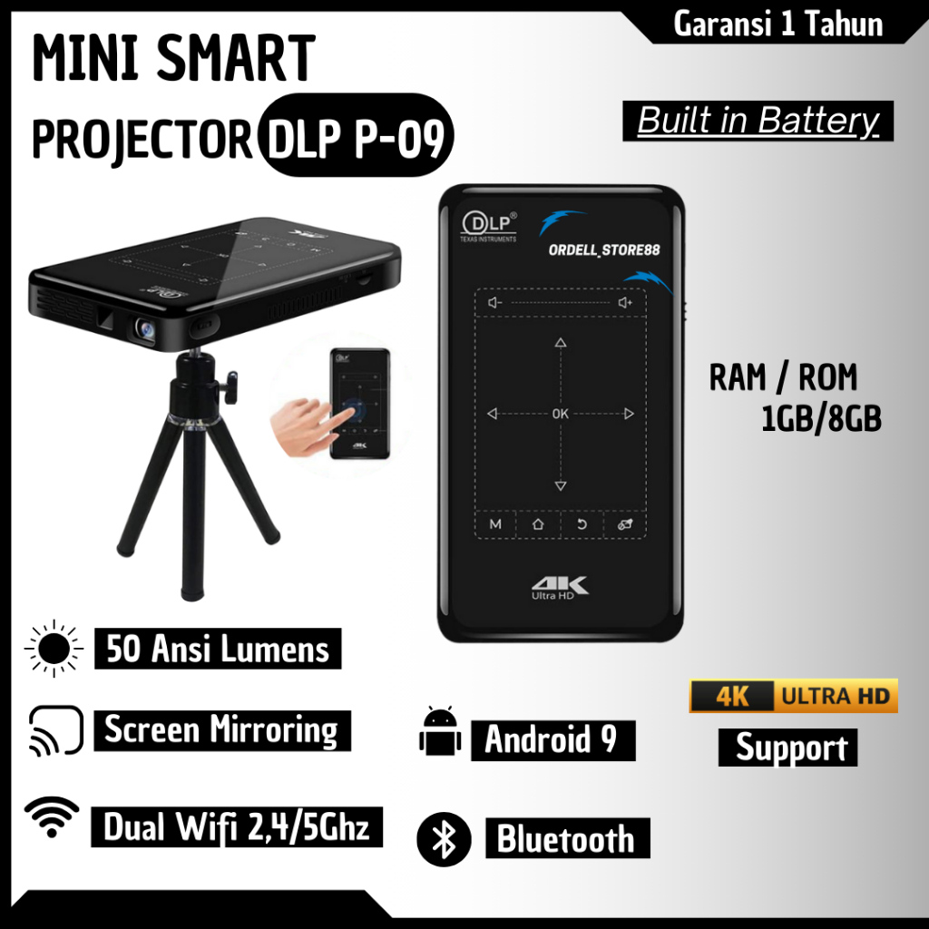Proyektor DLP P09-II 1/8GB 4K |Android Projector Intelligent Touch P09