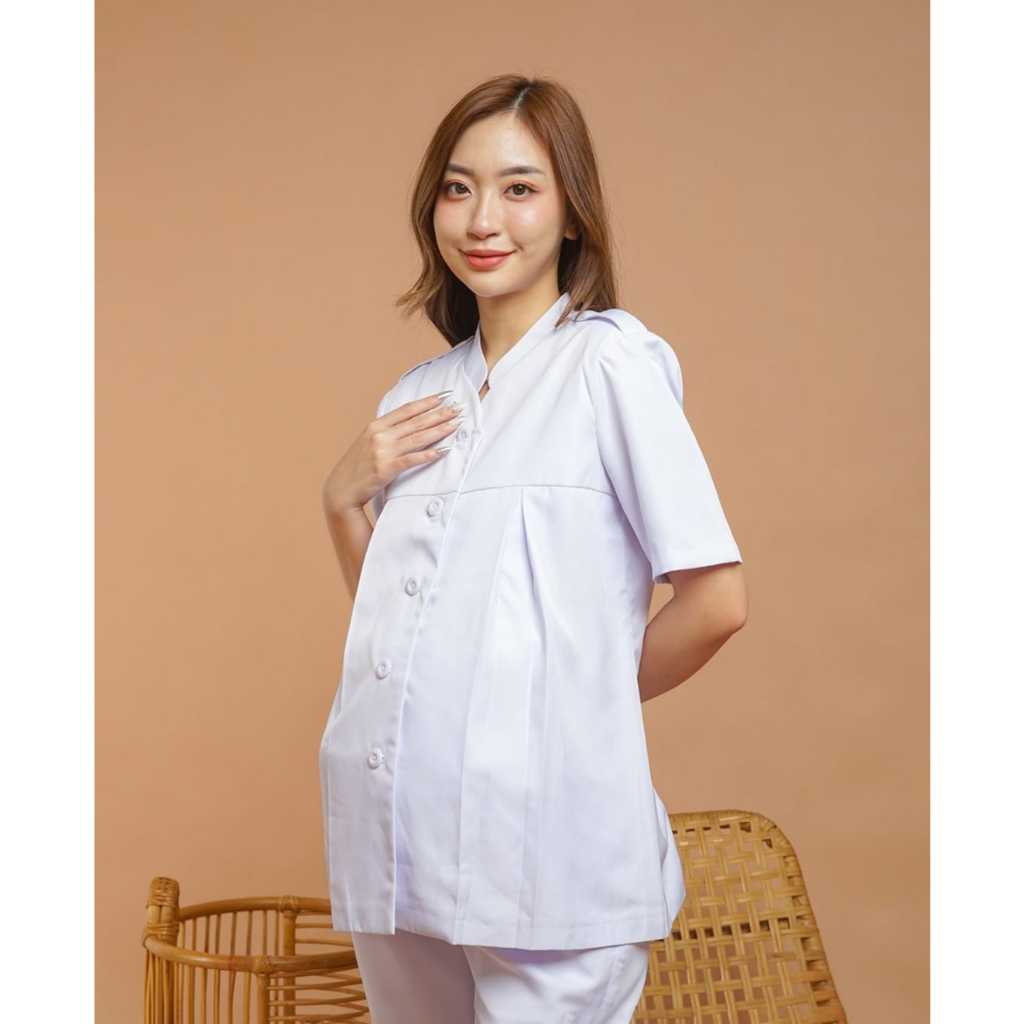 Baju Kerja Dinas Putih-Putih Hamil Perawat Tangan Pendek Wanita Setelan Celana Panjang Katun