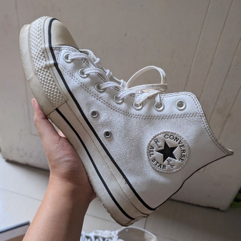 Converse All Star Lift Hi High Top White Leather Kulit Putih