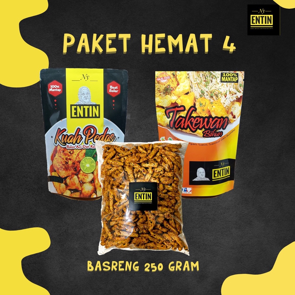 

HEBOH Paket Hemat NY ENTIN 4 isi Baso Aci Takewan Bihun dan Basreng 25gr Ny Entin