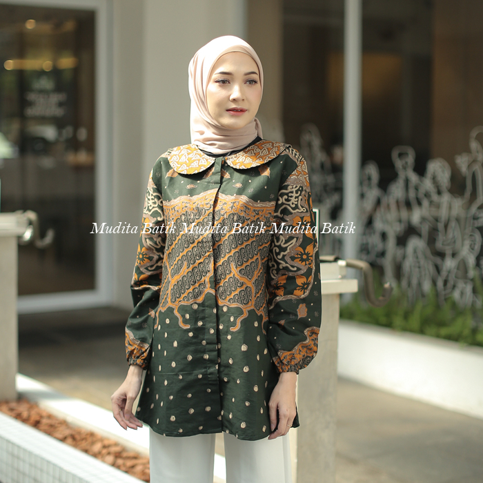 Batik Mudita Motif Dianti Batik Wanita Modern Lengan Panjang Warna Hijau Premium Solo