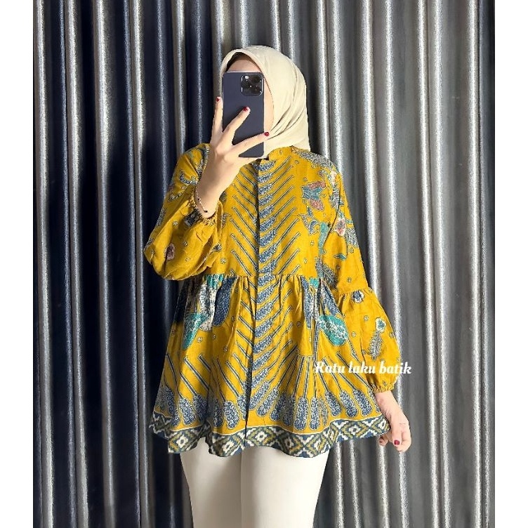 KODE F58K Atasan batik wanita Blus batik lengan balon model peplum payung blus terbaru Ratu laku bat