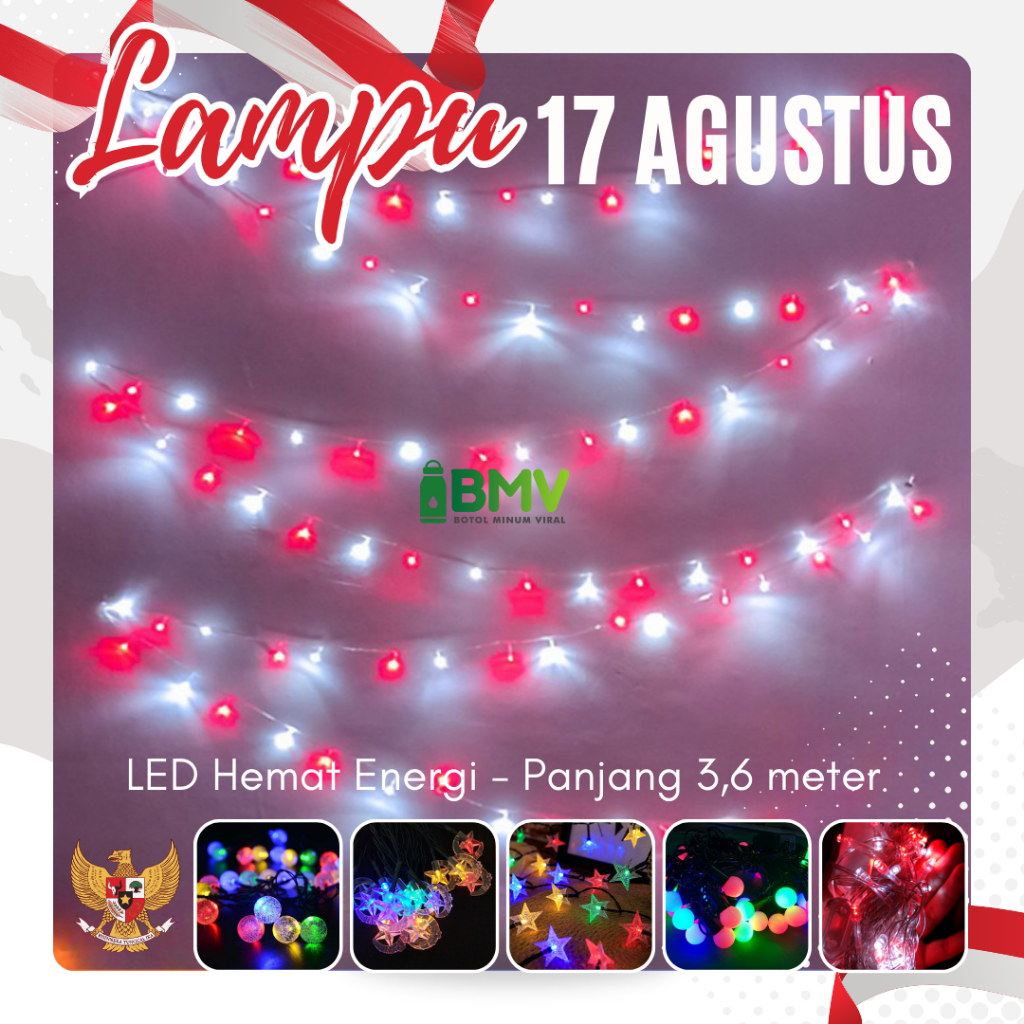 Lampu 17 Agustus Merah Putih Ada Sambungan LED Rainbow Bulan Bintang Bulat Doff Kelap Kelip