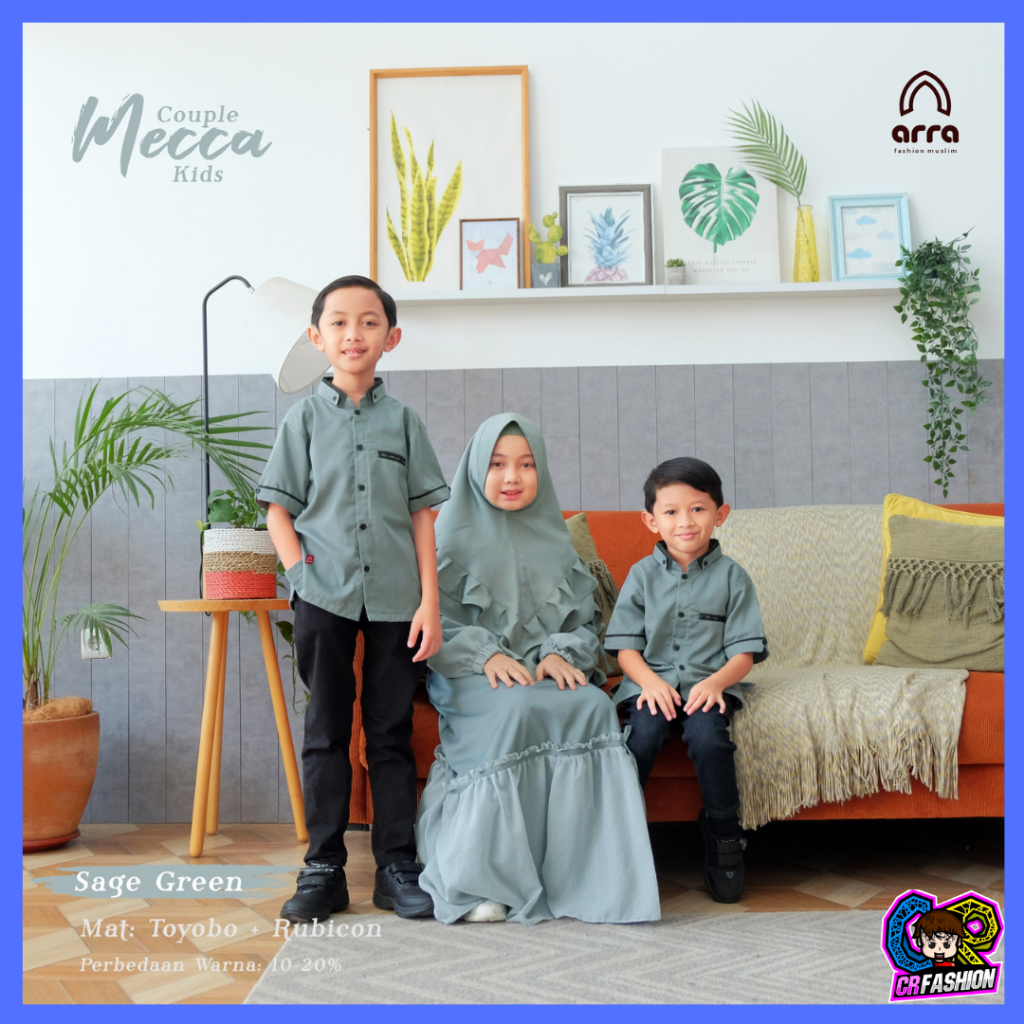 Baju Sarimbit Mecca Sage Green Koko Gamis Kerudung Couple Kapel Kapelan Pasangan Anak Muslim