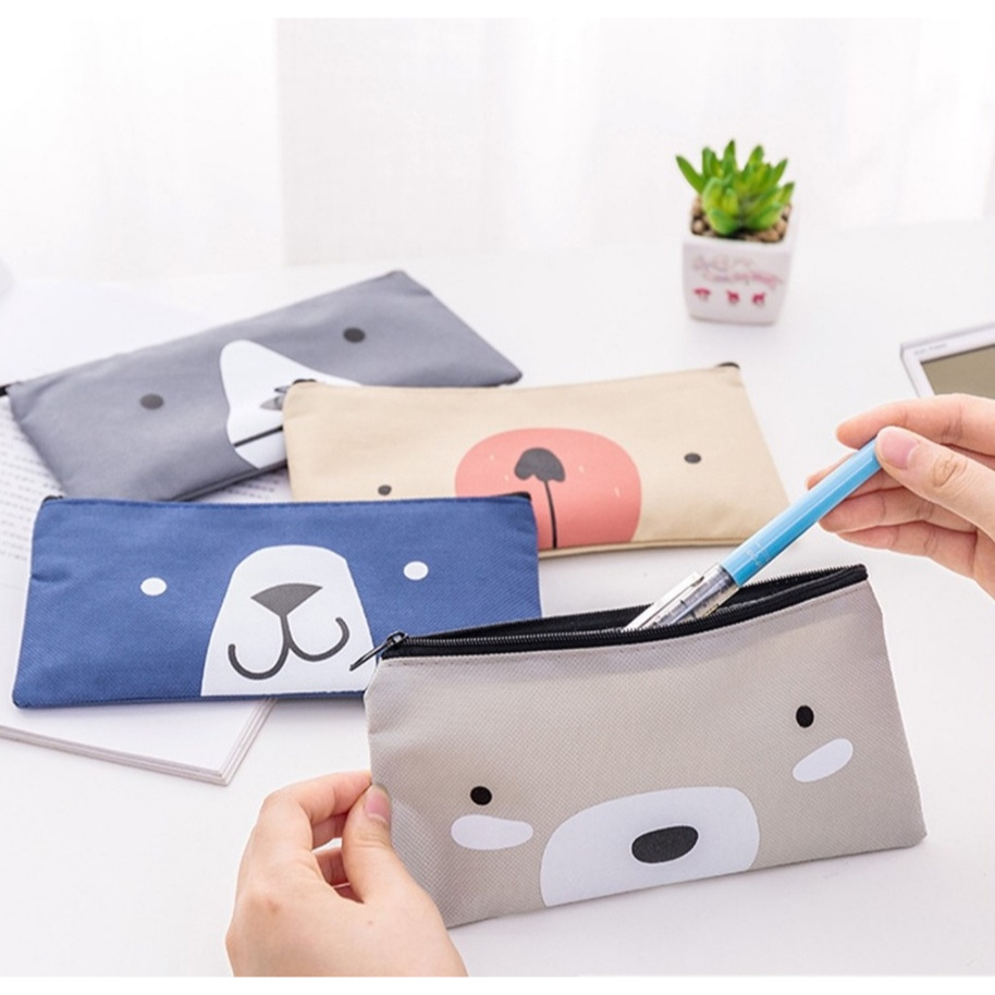 

TEMPAT PENSIL KANVAS Pouch Kosmetik Kain Motif Bear Cute Serbaguna