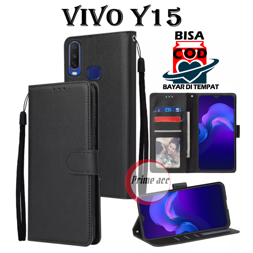 flip case vivo Y15 casing dompet handphone leather case wallet sarung buka tutup