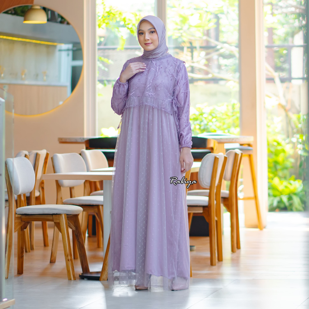 Dress Muslimah Ungu Mewah / Gamis Pesta Brokat Tille / Baju Kondangan Wanita Elegan / Jubah Wanita M