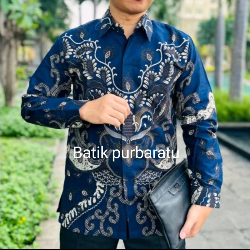 batik warna biru navy  lengan panjang lapis puring katun prima hlus dan nyaman batik kantor batik ke