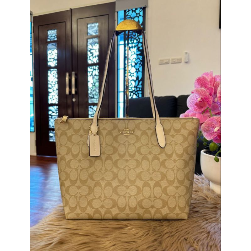Tas Branded Coach Signature Zip Top Tote Light Khaki Chalk Original