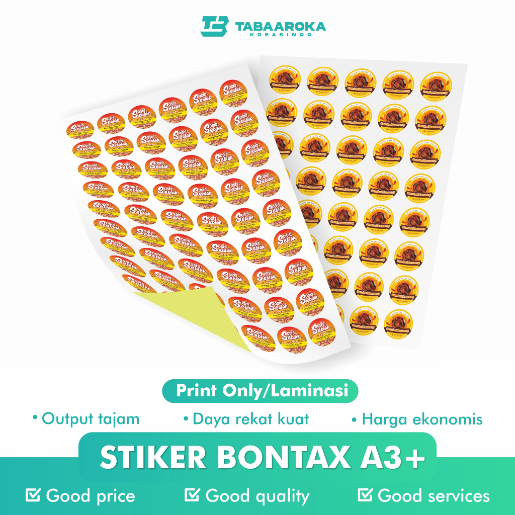 

Cetak Stiker Bontax/Chromo A3+ | Cetak Stiker Label Kemasan | Cetak Stiker Label Makanan