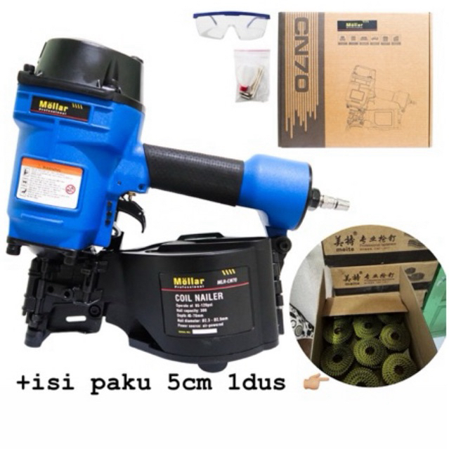 Mesin Paku Tembak Kayu Palet Pallet Air COIL NAILER  MOLLAR CN-70 7cm 70mm (KOMPLIT isi paku 50mm 1d