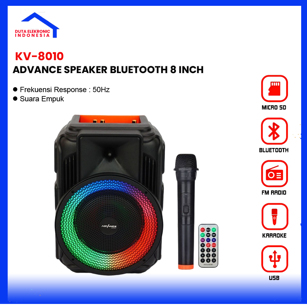 Advance Speaker 8 Inch KV-8010 Portable Bluetooth Gratis Mic Wireless