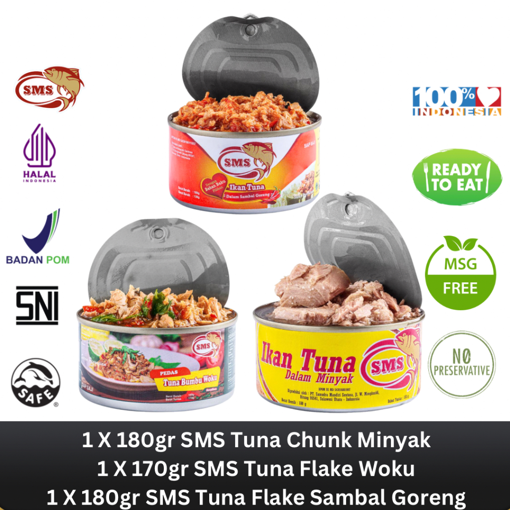 

SMS Tuna Kaleng Chunk Dalam Minyak 180g & Flake Woku 180g & Sambal Goreng 180g