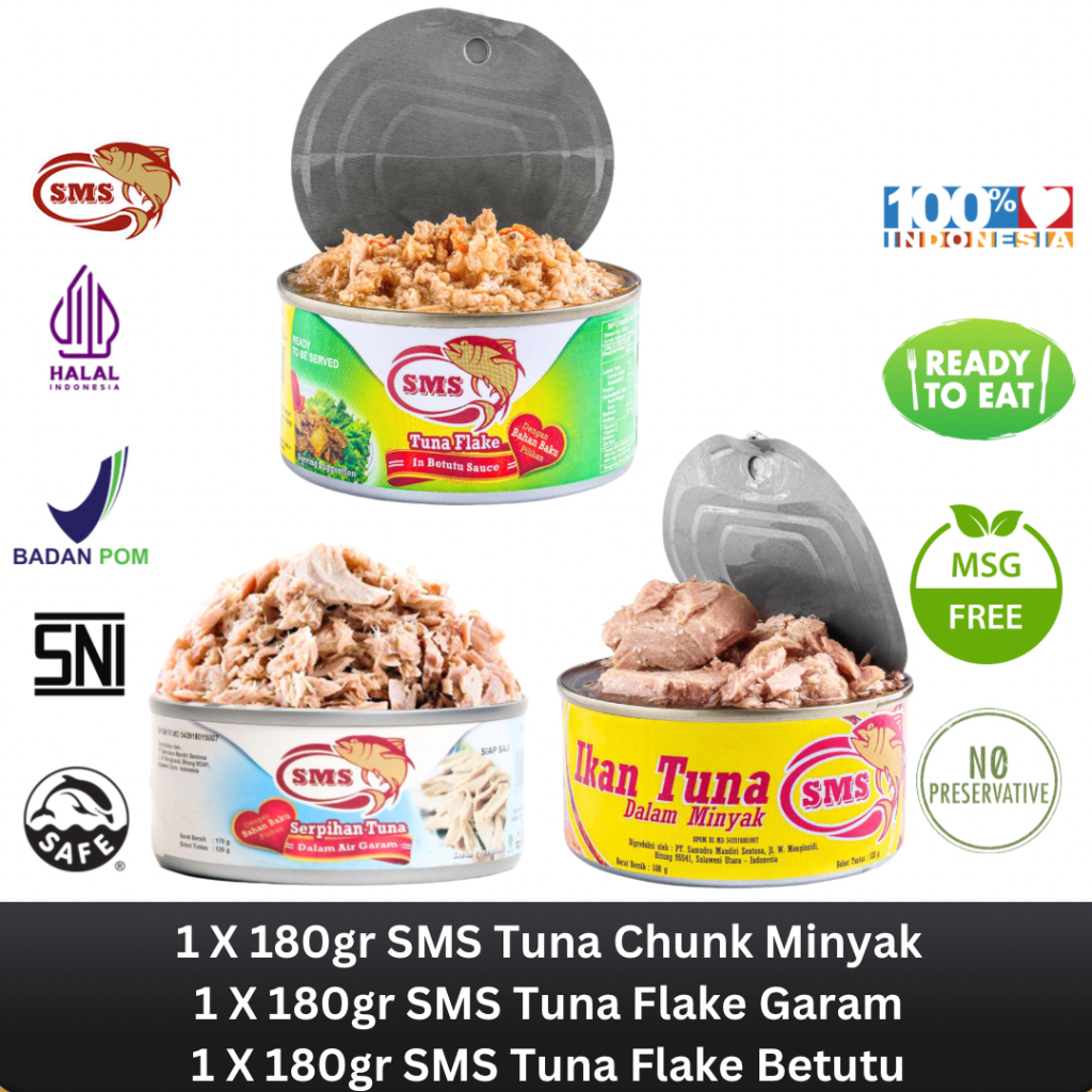 

SMS Tuna Kaleng Chunk Dalam Minyak 180g & Flake Dalam Garam 170g & Bumbu Betutu 180g