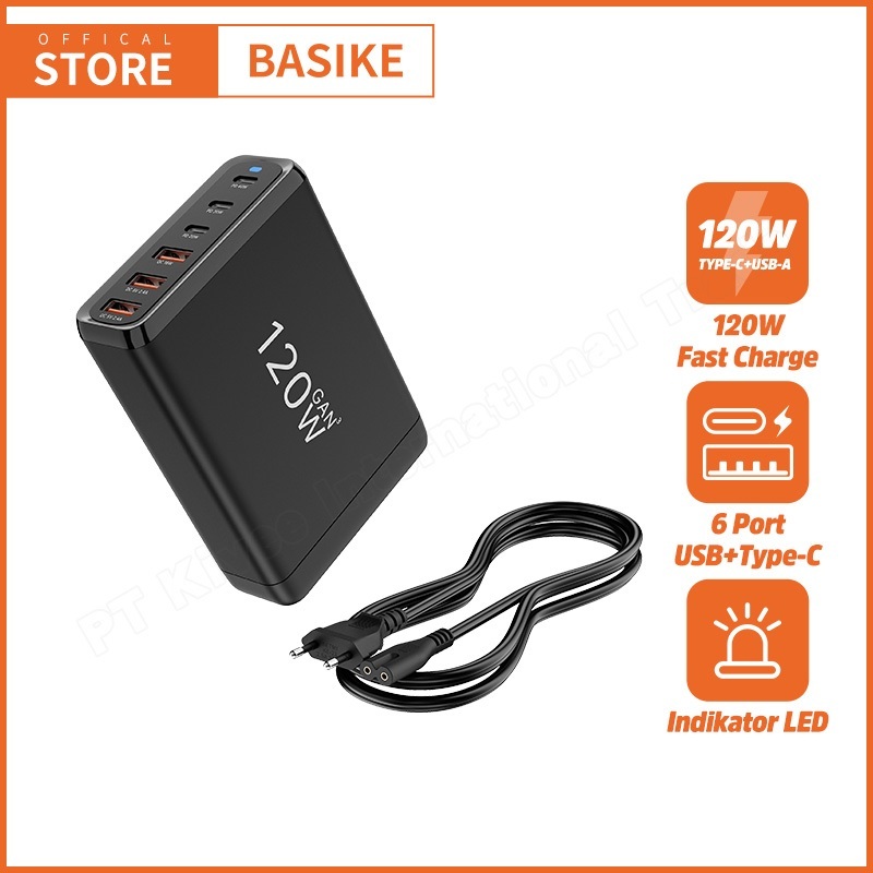 (HOT)BASIKE Kepala Charger IPhone IPad Fast Charging 120W GaN3 Pro 6 in 1 Laptop Adaptor USB Type C