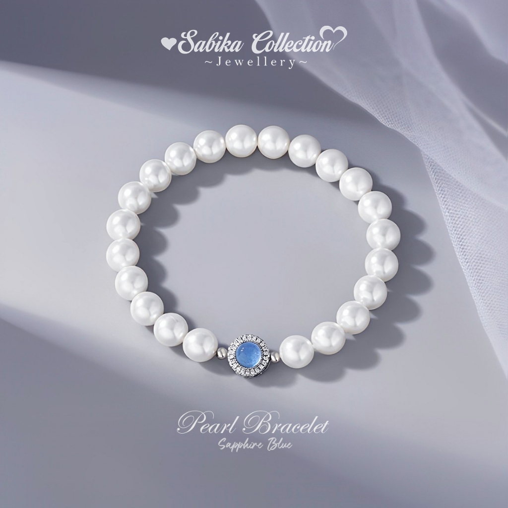Gelang Tangan Wanita Aquamarine Manik-manik Mutiara Putih Sapphire Blue