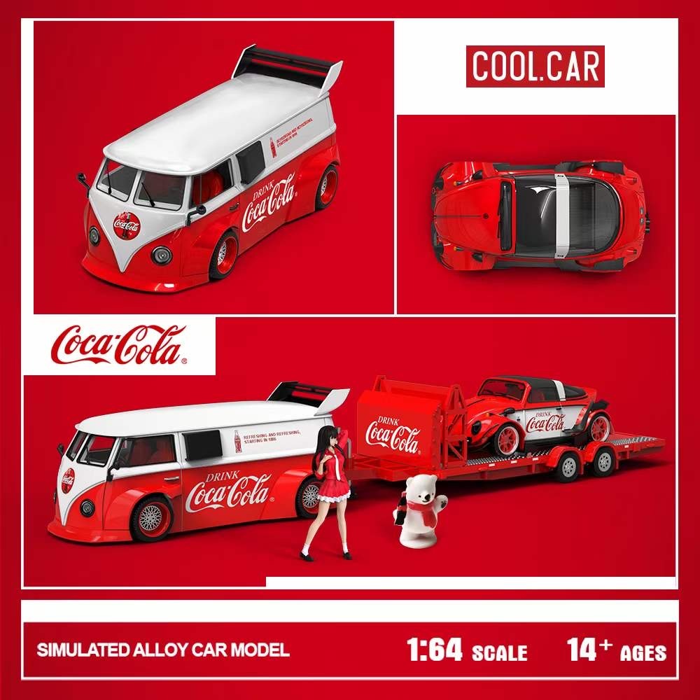 Cool Car 1:64 RWB Volkswagen VW T1 Van & Beetle Coca Cola Trailer Set